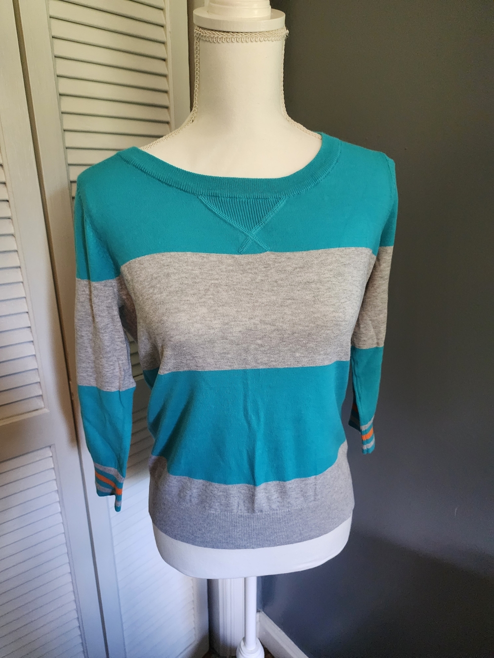 Jcpenney Teal and Light Gray Striped Crew Neck Sweater Petite